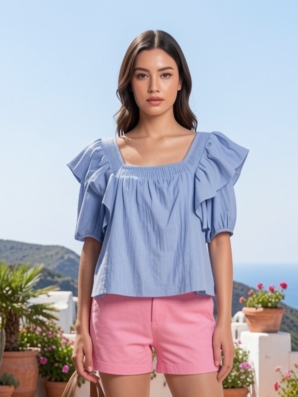 Zara Blue Gingham Ruffle Smocked Blouse XL Cotton Coquette Coastal Picnic Top